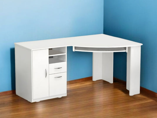 Bureau d'ordinateur d'angle blanc de 59 po avec deux tiroirs