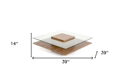 Table basse en verre transparent et marron de 39 po avec étagère