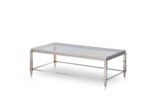 Table basse en verre et acier transparent et argenté de 55 po