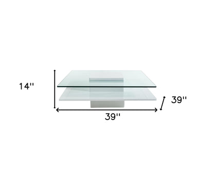 Table basse en verre transparent et blanc de 39 po avec étagère