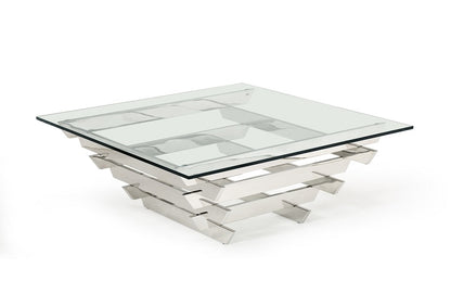 Table basse carrée en verre transparent et argenté et en acier inoxydable de 39 po avec étagère