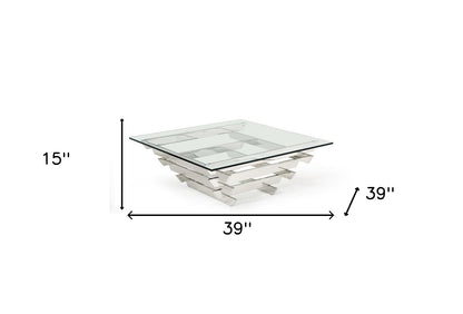 Table basse carrée en verre transparent et argenté et en acier inoxydable de 39 po avec étagère