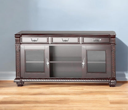 65" Dark Brown Wood Cabinet Enclosed Storage TV Stand