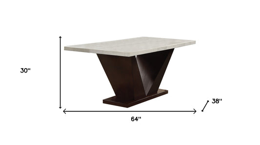 64" White And Dark Brown Marble And Solid Manufactured Wood Pedestal Base Dining Table