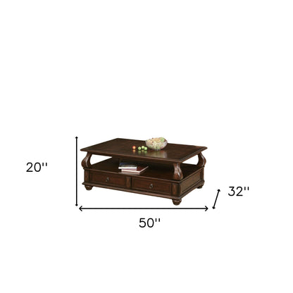 Table basse en bois massif brun foncé de 50 po avec deux tiroirs et une étagère