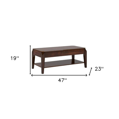 Table basse à plateau relevable brun foncé de 47 po avec étagère