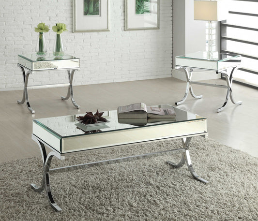 Table basse avec plateau en miroir et chrome 42" x 21" x 19"