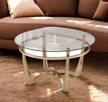 Table basse ronde en verre transparent et champagne et métal de 35 po