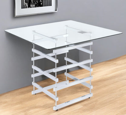 Clear And Silver Glass And Metal Sled Base Square Dining Table