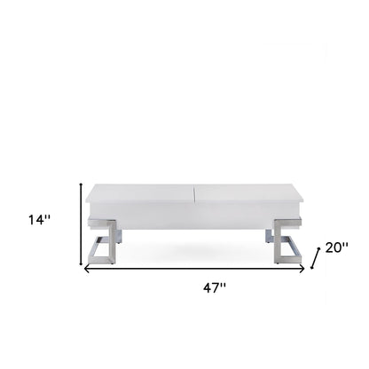 Table basse à plateau relevable en métal blanc et argent de 47 po