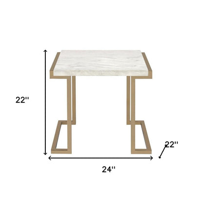 Table d'appoint en faux marbre doré et blanc de 24 po et en acier inoxydable