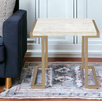 Table d'appoint en faux marbre doré et blanc de 24 po et en acier inoxydable