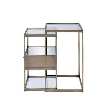 Set of Two 26" Brass And Clear Glass And Iron End Table With Drawer And Two Shelves With Magazine Holder