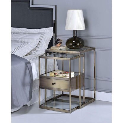 Set of Two 26" Brass And Clear Glass And Iron End Table With Drawer And Two Shelves With Magazine Holder