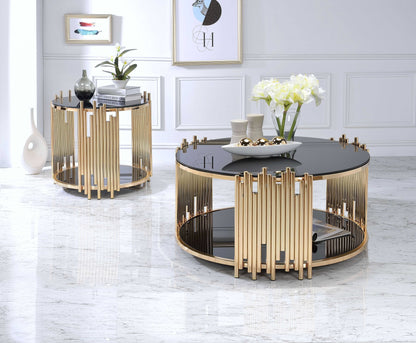 22" Gold And Black Glass And Iron Round End Table With Shelf