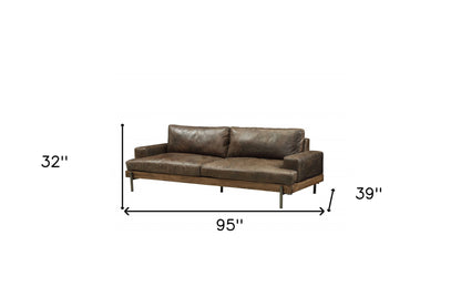 95" Chocolate Top Grain Leather Sofa With Black Legs