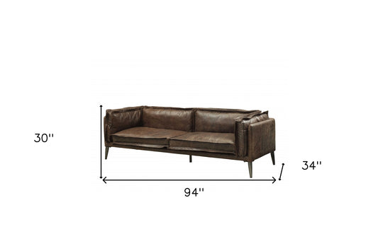 94" Chocolate Top Grain Leather Sofa With Dark Brown Legs