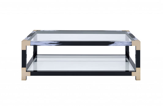 Table basse en verre et métal transparent, noir et blanc de 54 po avec étagère