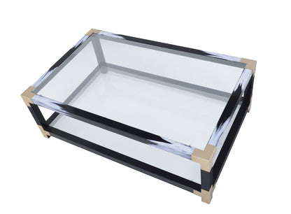 Table basse en verre et métal transparent, noir et blanc de 54 po avec étagère