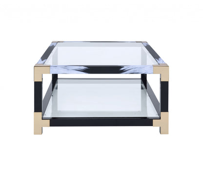 Table basse en verre et métal transparent, noir et blanc de 54 po avec étagère