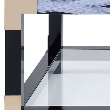 Table basse en verre et métal transparent, noir et blanc de 54 po avec étagère