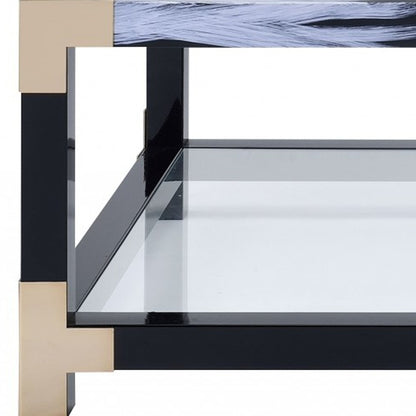 Table basse en verre et métal transparent, noir et blanc de 54 po avec étagère