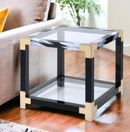 25" Black and Gold And Clear Glass And Iron Square End Table With Shelf With Magazine Holder