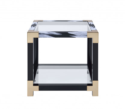 25" Black and Gold And Clear Glass And Iron Square End Table With Shelf With Magazine Holder