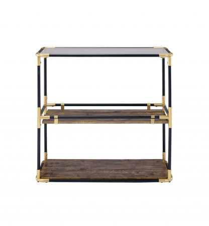 33" Black and Gold And Clear Glass End Table With Two Shelves With Magazine Holder