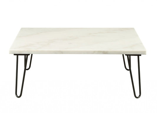 Table basse carrée en marbre véritable et métal blanc et noir de 40 po