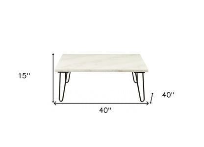 Table basse carrée en marbre véritable et métal blanc et noir de 40 po