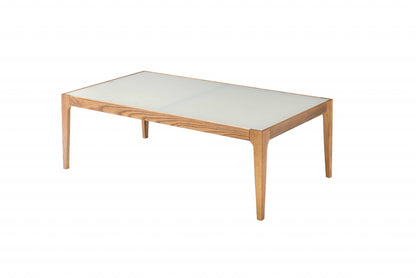 Table basse en verre dépoli blanc cassé et naturel de 43 po et en bois massif