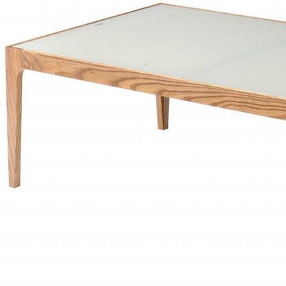 Table basse en verre dépoli blanc cassé et naturel de 43 po et en bois massif