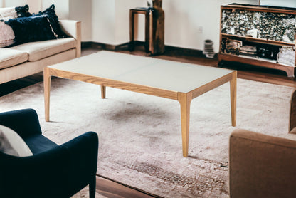 Table basse en verre dépoli blanc cassé et naturel de 43 po et en bois massif