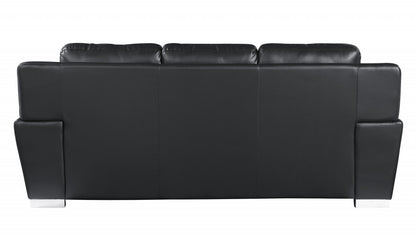 85" Black Leather Sofa With Silver Legs