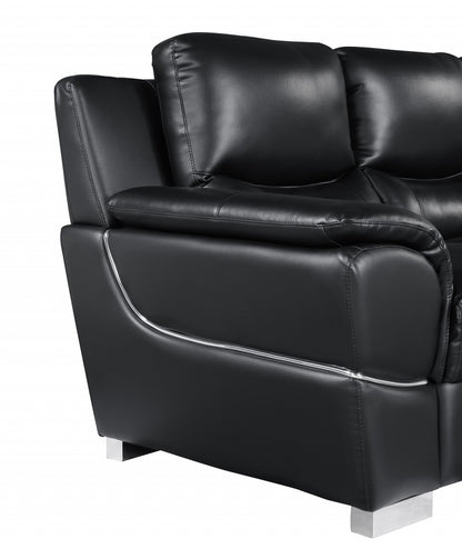 85" Black Leather Sofa With Silver Legs