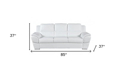 85" White Leather Sofa With Silver Legs