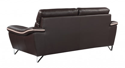 86" Brown Leather Sofa With Silver Legs