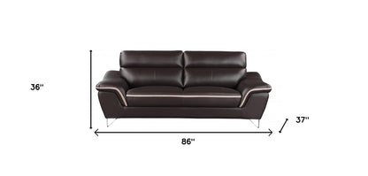 86" Brown Leather Sofa With Silver Legs