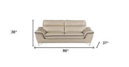 86" Beige Leather Sofa With Silver Legs