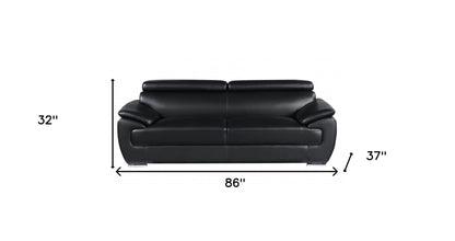 86" Black Leather Sofa With Silver Legs