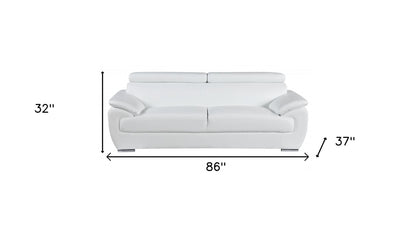 86" White Leather Sofa With Silver Legs