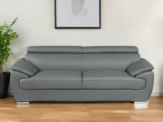 86" Gray Leather Sofa With Silver Legs