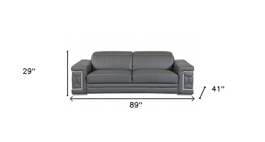 89" Dark Gray Italian Leather Sofa With Silver Legs