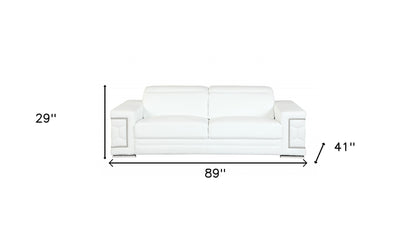 89" White Italian Leather Sofa With Silver Legs