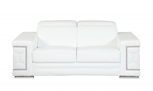 71" White Italian Leather Sofa With Silver Legs