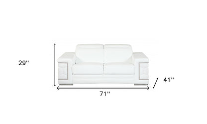 71" White Italian Leather Sofa With Silver Legs