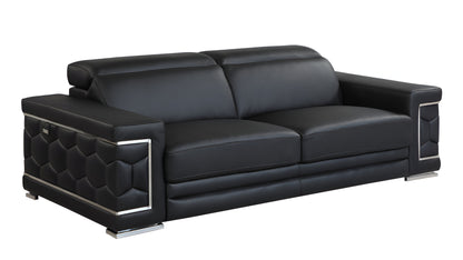 89" Black Italian Leather Sofa With Silver Legs