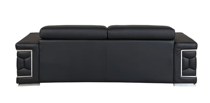 89" Black Italian Leather Sofa With Silver Legs