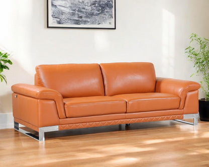 90" Orange Italian Leather Sofa With Silver Legs